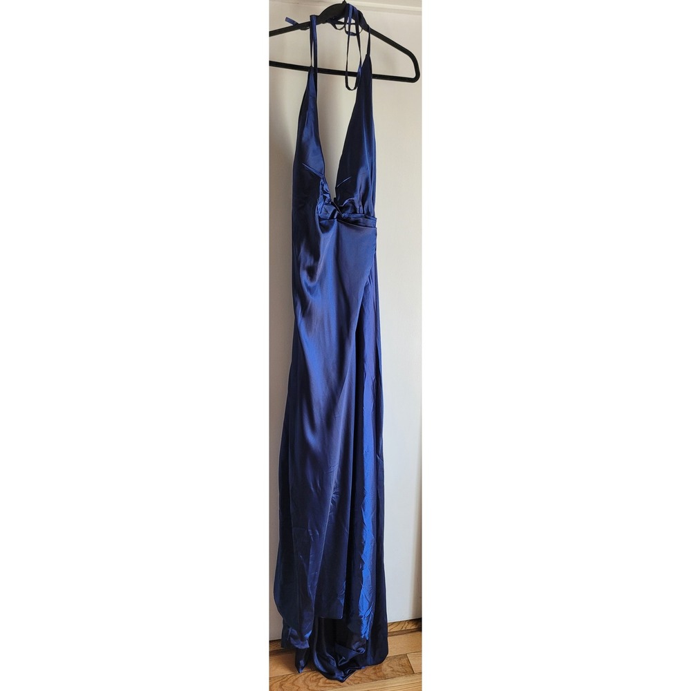 NWT HEBEOS Halter Maxi Dress Women Blue Solid Formal Sleeveless Gown Long